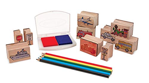 Melissa & Doug Wooden Stamp Set: Vehicles - 10 Stamps, 5 Colored Pencils, 2-Color Stamp Pad