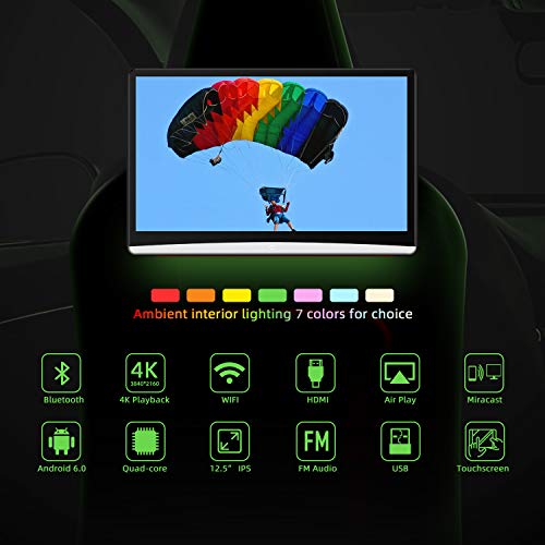12.5" Dual Screen Android Car Headrest TV Monitor Video Players, IPS Touch Screen 4K Crystal, Support WiFi/Wireless Display/Airplay/Miracast/HDMI in/Bluetooth/FM/USB/SD Card