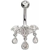 Pierced Owl 14GA 316L Stainless Steel CZ Crystal Marquise Cluster with Dangling Gems Belly Button Ring