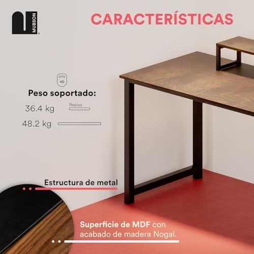MUBSON Escritorio Minimalista Vintage con Base para Monitor. Mueble Gamer o de Oficina con Superficie de 120x60x74 de Madera MDF. Escritorio Elegante Radahn para Estudio y Trabajo (Cafe)