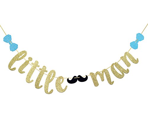 JustParty Little Man Banner with Mustache and Bow Tie, Boy Baby Shower Banner. Boy 1st Birthday Banner(Gold Glitter)
