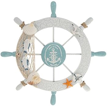 Rienar Nautical Beach Wooden Boat Ship Steering Wheel Fishing Net Shell Home Wall Decor White - Fish