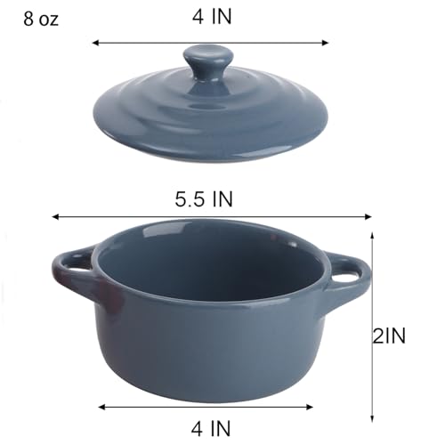 Jucoan 4 Pack Porcelain Ramekin with Lids and Handles Oven Safe, 8 oz Round Ramekins Souffle Creme Brulee Baking Dish, Pudding Custard Dish, Individual Servings Mini Casserole Dishes, 4 Colors