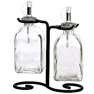 Vintage Olive Oil & Vinegar Kitchen Dispensers Decorative Bottles 2pc ~ G22 Clear Glass Roman Style Oil Vinegar Bottles with Pour Spout and Black Metal Stand