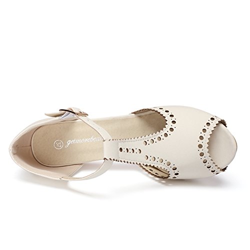 getmorebeauty Women's Vintage Suede Ankle T Straps Dress Block Heeled Sandals Pumps (8 B(M) US, Ivory) - Thumbnail 4