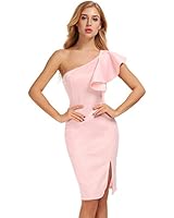 FISOUL Women’s One Shoulder Split Gown Ruffle Evening Party Midi Cocktail Bodycon Dress Pink S