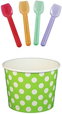 Black Cat Avenue Paper Ice Cream Cups with Spoons Combo, Polka Dot, Green, 16 Ounce, 50 Pack