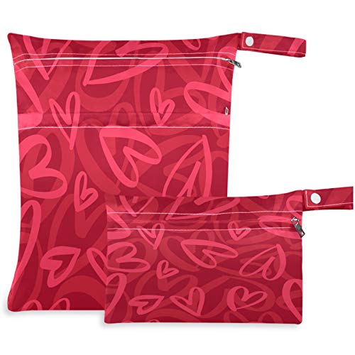 visesunny 2Pcs Wet Bag with Zippered Pockets Red Heart Diaper Bag Washable Reusable Roomy for Travel,Beach,Pool,Daycare,Stroller,Diapers,Dirty Gym Clothes, Wet Swimsuits, Toiletries