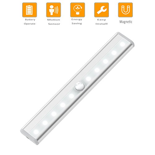 Motion Sensor Closet Light Under Cabinet Lighting Battery Operate,Wireless Night light Bar,Portable Cordless 10 LED Strip Lights,Cupboard/Wardrobe/Drawer/stairs Safe Lamp,Stick Anywhere With Magnetic
