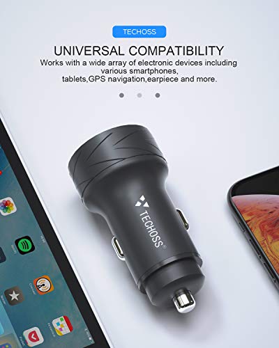 Car Charger, Techoss 36W All Metal Car Charger Adapter Mini Flush Fit USB+PD Car Charger Dual Port Charging, Compatible with iPhone XR/Xs/Max/X/8/7/Plus, iPad Pro/Air 2/Mini, Galaxy, LG, HTC and More