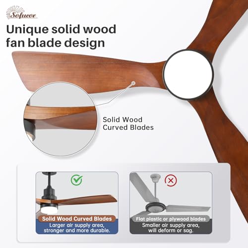 Sofucor 52 Inch Solid Wood Ceiling Fans With Lights, Low Profile Ceiling Fan with Light and Remote, 3 Downrod, Reversible DC Motor, Indoor/Outdoor 3 Blade Ceiling Fan Light for Bedroom Farmhouse Patio