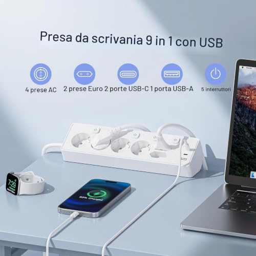 3M Ciabatta Multipresa con USB, 6 Prese di Corrente e 3 USB, PD 30W Ciabatta Elettrica with Protection, Multipresa Elettrica di da 2 M con Interruttore per Scrivania, Ufficio, Casa