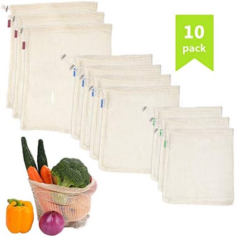 Reusable Produce Bags,Reusable Mesh Produce Bags,Mesh Bags Cotton Grocery Bag for Grocery Shopping and Storage with Tare Weight on Label,Organic Cotton(10Pack 3Types)