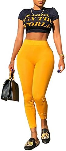 Kaximil Women's Letter Print T-Shirt Crop Top + Long Yellow Pants Sexy Jumpsuits 2 Pieces Outfits Rompers