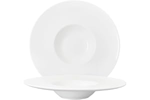 YALONG 11 Inch Pasta Bowls Set of 2, 10 oz Rimmed Soup Plates with Wide Rim, White Porcelain Pasta Plates and Soup Bowls, Sha