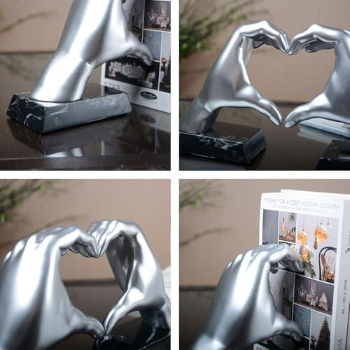 HAUCOZE Soporte de Libros Sujetalibros, Corazón Mano Escultura Decoración Moderna Arte Interior Estatua Hogar Regalo para Salón Oficina Comedor Plata 31cm