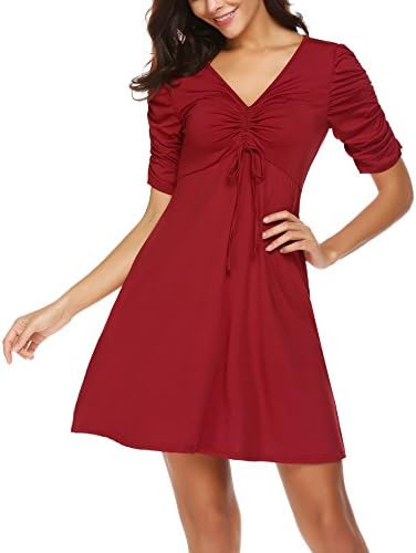 Hersife Women's Loose Swing Short Ruched Sleeve Sexy V Neck Flare Dress Burgundy
