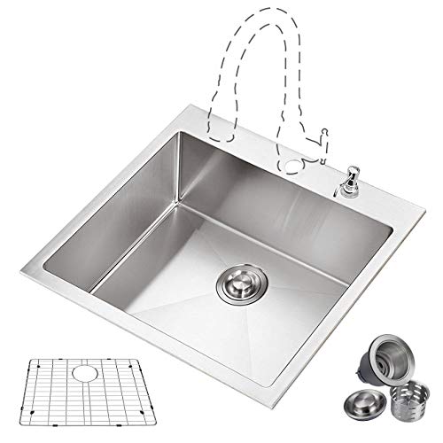 MOWA HTS2522 25" x 22" Handmade 16 Gauge Stainless Steel Top Mount Drop In Single Bowl Kitchen Sink w/Soap Dispenser, Sink Grid & Drain Strainer, 10-Inch Deep Laundry Utility Sink, Fits 27" Cabinet - Thumbnail 3