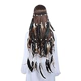 Hippie Feather Headband Boho Headdress - AWAYTR Feather Crown Elastic Gypsy Festival Headband Indian Hair Accessories (Green+black)