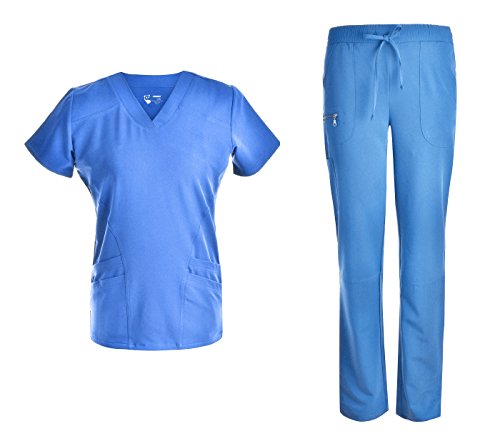 Women V Neck Stretch Scrubs Set - Pandamed Women Medical Uniforms Scrubs 2017 New TRS3104 (Ceilblue, S)