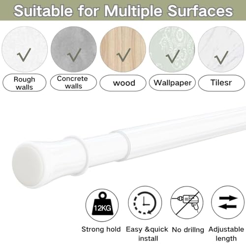 Telescopic Spring Tension Rod Extendable Curtain Rod No Drilling Extendable Window Tension Rod Adjustable Curtain Pole No Screws for Kitchen,Closet,Bathroom, 85-160 cm (33.5-63.0"), White