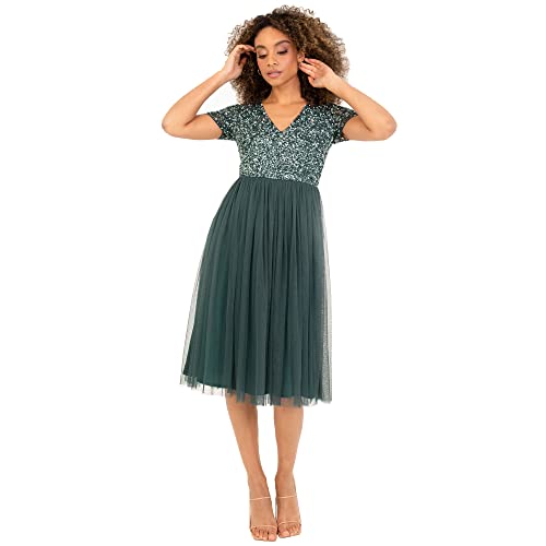 Maya Deluxe Maya Deluxe Embellished Midi Evening Dress for Women Ladies V Neckline with Short Sleeve for Prom Wedding, Robe de Demoiselle d'honneur Femme, Emerald Green, 20