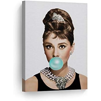 Smile Art Design Audrey Hepburn Bubble Gum Canvas Print Teal Blue Pop Art Home Decor/Iconic Wall Art/Gallery Wrapped Canvas Art Stretched/Ready to Hang (12 x 8)