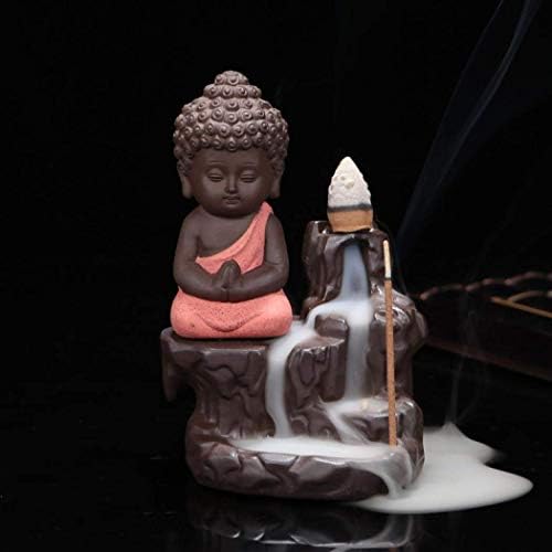 Bluzare Backflow Incense Burner Buddha Monk, Redware Ceramic Cone Incense Holder Office Decor Living Room Insence Ash Catcher (Red)