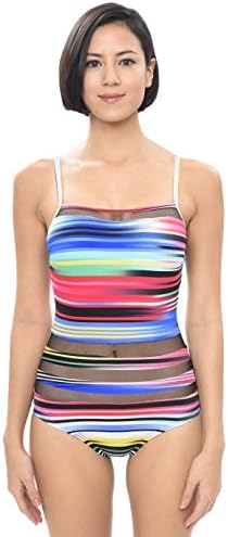 Seabodies Women Halter Mesh Rainbow Stripe Print One Piece Bathing Suit