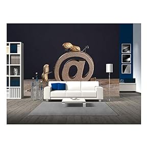 Peanut People Pushing a Large at Sign as a Symbol for The Internet and Email - Removable Wall Mural | Self-Adhesive Large Wallpaper - 66x96 inches