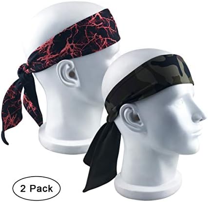 NINGDER Long Tail Printed Head Tie,Custom Fit Sports Headband,Moisture Wicking Head Wrap Sweatband for Running,Crossfit,Basketball,Workout,Bike Helmet Friendly (2-Pack/1-Red &1-Camouflage)