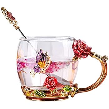 Tebery Clear Glass Tea Cup Coffee Mug Cups with Spoon Handmade Butterfly Rose Perfect Gift for Mother's Day