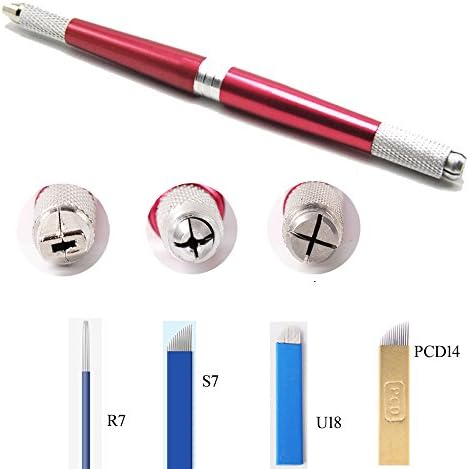 Eyebrow Microblading Pen Semi Permanent Makeup Tattoo Machine for Eyebrow Lip with 4 Needles (S7+R7+U18+PCD14) Red