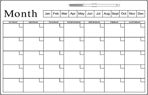 Stainproof Dry Erase White Board Calendar Decal Sticker for Refrigerators, Walls and Most Other Smooth Interior Surfaces - 17" Wide x 11" Tall - Dry Erase Marker Included