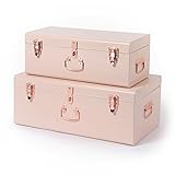 Beautify Blush Pink Vintage Style Steel Metal Storage Trunk Set Lockable and Decorative with Rose Gold Handles - College Dorm and Bedroom Footlocker Trunks