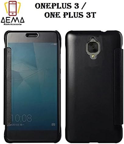 AEMA Premium ONE PLUS 3 / ONE PLUS 3T / ONE PLUS THREE Case Fashion Luxury Glossy Mirror Clear View Smart Date/Time [Hyperbolic Mirror] Flip Case Cover (BLACK)