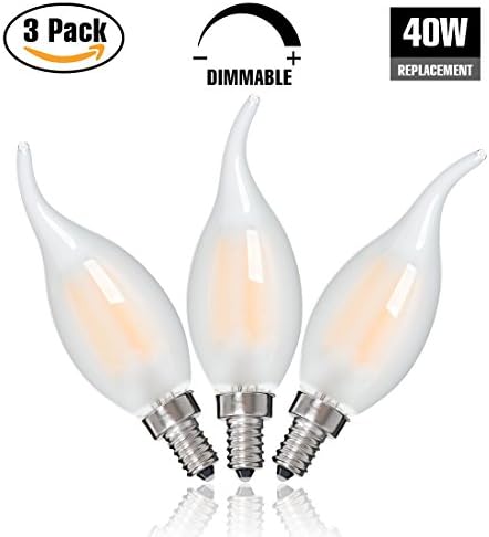 LED Filament Candelabra Bulbs C35 4W Vintage Candle Light Antique Lighting 40W Incandescent Equivalent Dimmable 400lm E12 Base Warm White 2700K Flame Tip Frosted Glass 3 Pack
