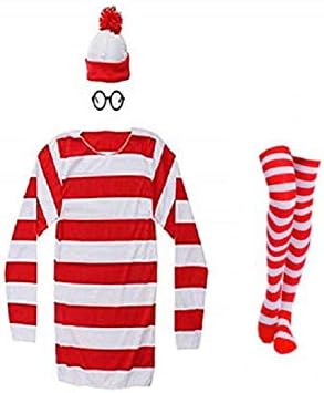 THYLL Cos Halloween Cosplay Shirts Costume, Red and White Striped Shirt, Funny Sweatshirt, Glasses Hat Suits