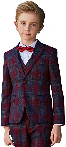 ELPA ELPA Boys Plaid Casual Suit Set Blazer Vest and Pants 6 Pieces Red &amp; Gray