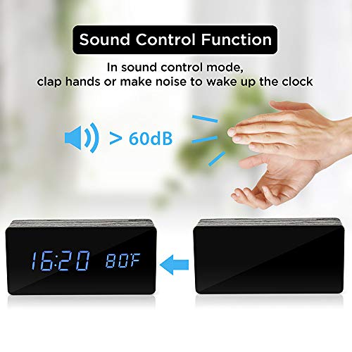 Oct17 Wooden Alarm Clock Mirror Screen Digital Adjustable Digital Clocks LED Voice Control Display Time Date Wood Modern Office Home