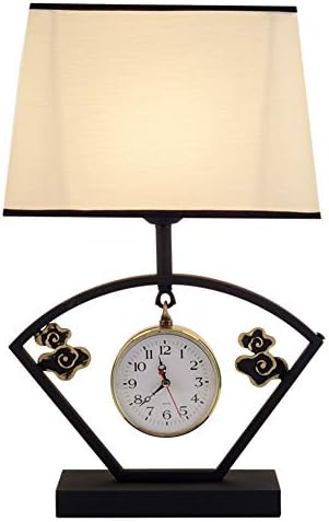 Chinese Style Table Lamps, with Clock Fabric Lamp Shade Desk Lamp, Living Room Bedroom Bedside Light Lamp [Energy Class A]