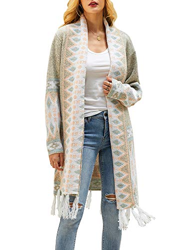 Ferbia Women Boho Cardigan Open Front Long Maxi Knit Sweaters Aztec Tribal Tassel Fringe Thin Coat