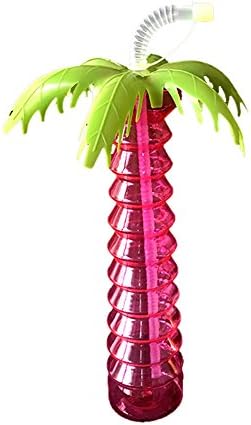 Birdfly Party Tree Palm Cups with Flexible Straw Beach Vibes Large Capacity Sodas Coffee Milk Juice Drinks Reusable Plastic Cups (Pink)