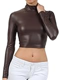 Sakkas 687121 Matte Liquid Mock Neck Turtleneck Long Sleeve Crop Top - Made in USA - Brown - L