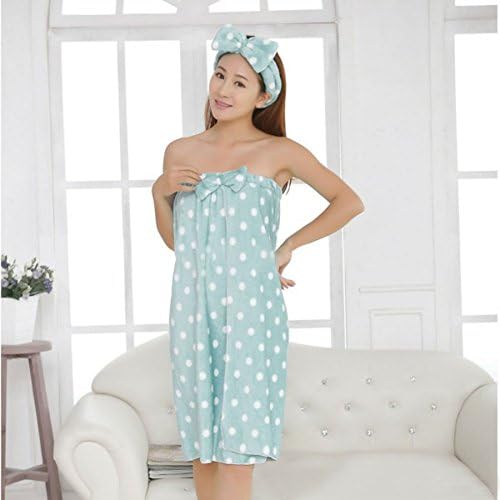 FUJINET Women Absorbent Microfiber Shower Spa Body Wrap Bath Towel With Bow Headband Light Blue