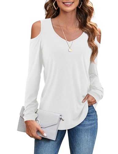 FLORBOOM WOMENS COLD SHOULDER TOPS TRENDY V NECK LONG SLEEVE T-SHIRTS BLOUSE, WHITE XL