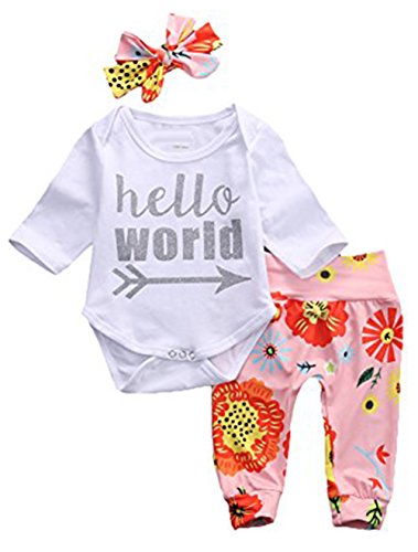 Baby Girls 3 Pieces Set Long Sleeve Bodysuit Floral Pants Hello World Outfits Cotton with Headband 3 Months