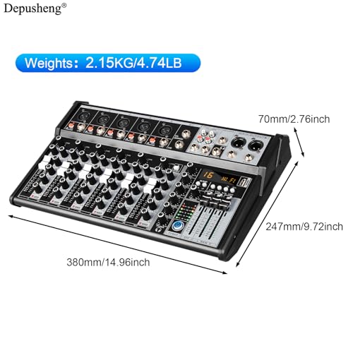 Depusheng Professional Audio Mixer, 4 Channel Audio Mixer System, 16-Bit DSP-DJ Bluetooth Mixer + 48V Phantom Effect for Karaoke Streaming Recording (XT7 EU)