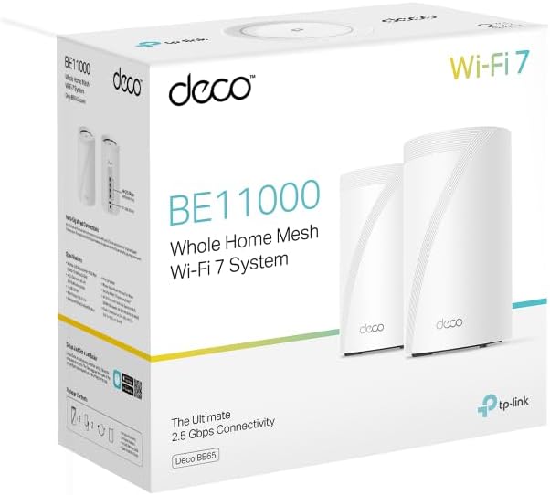 Deco BE65 𝐖𝐢-𝐅𝐢 𝟕 Mesh WLAN Set (2er-Pack), BE9300 Tri-Band Router und Repeater (6 GHz, 2.5 Gbit/s Ethernet Port, 9 Gbps WLAN Geschwindigkeit, WPA3, 320 MHz Kanäle)