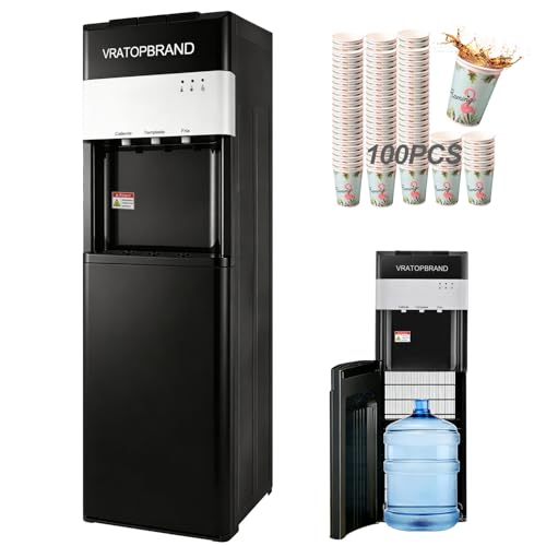VRATOPBRAND Dispensador de Agua Garrafón Oculto con 100 Vasos de Papel, Despachador de Agua Frío, Caliente y Al Tiempo, Acepta Garrafones de hasta 5 Galones, Ideal para Hogar y Oficina